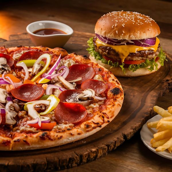 Pizza, Burger and Chips With Sauce on a Wooden Plate Served at Lovea Takeaway in Darlington